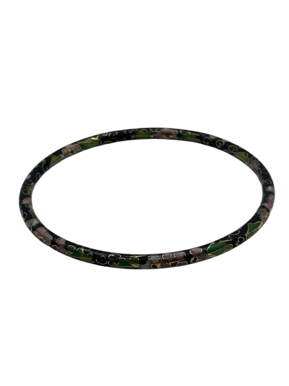 Chinese black cloisonné enamel pink green floral design vintage bangle bracelet